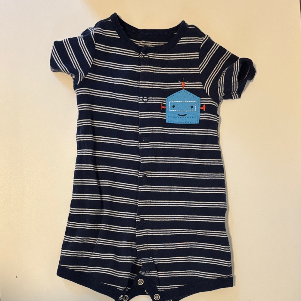 Navy Striped Kids One Piece with Robot Patch
